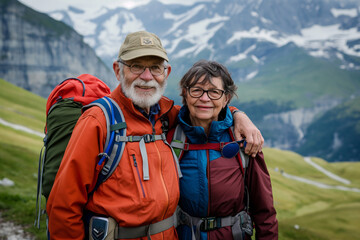 An elderly couple goes on a mountain hike - 782008027