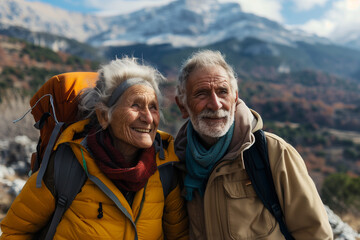 An elderly couple goes on a mountain hike - 782008034