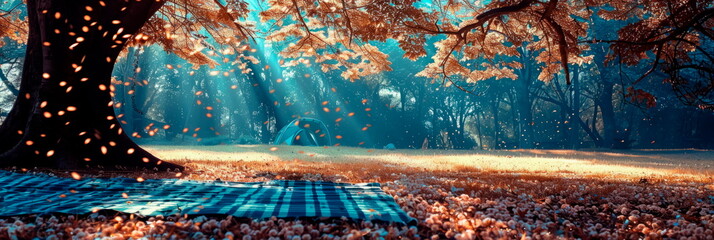 picnic blanket spread out under a blossoming tree, with dappled sunlight streaming through the branches, inviting relaxation and enjoyment of the outdoors. - obrazy, fototapety, plakaty