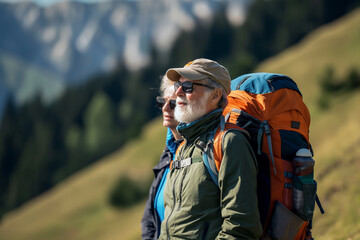 An elderly couple goes on a mountain hike - 782008045
