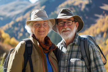 An elderly couple goes on a mountain hike - 782008050