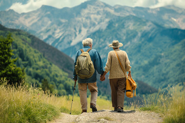 An elderly couple goes on a mountain hike - 782008052