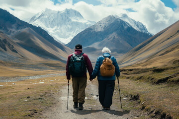 An elderly couple goes on a mountain hike - 782008053