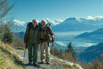 An elderly couple goes on a mountain hike - 782008054