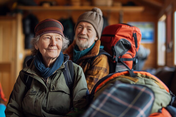 An elderly couple packs for a mountain hike - 782008065