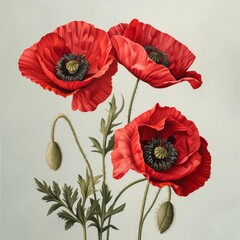Poppy Flower Botanical Illustration, Wild Red Flowers Realistic Painting, Poppy Drawing