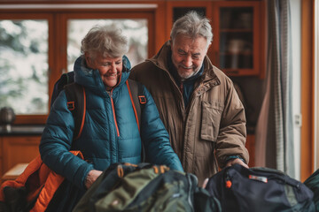 An elderly couple packs for a mountain hike - 782008072