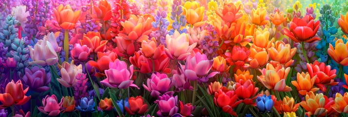 Keuken spatwand met foto A field of vibrant tulips in various shades and colors, creating a stunning display of nature's beauty and elegance. © Maximusdn