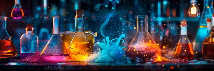 chemical reactions taking place in a laboratory setting, with colorful liquids bubbling and fizzing in glassware. - obrazy, fototapety, plakaty