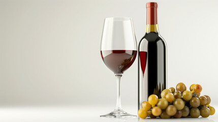 A bottle of red wine and a wine glass are on a table with a bunch of grapes. A fresh glass of white and red wine with a winebottle beside on a clear white background