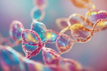 DNA molecule, macro photography under a microscope, pastel colors, sparkling holographic highlights. Laboratory, scientific discoveries.