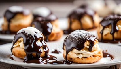 Delicious profiteroles with cream and chocolate glaze on a plate.
