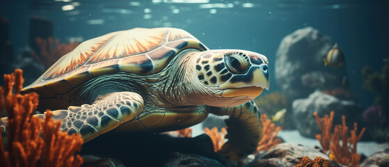 Obraz premium Majestic turtle gliding through vibrant coral oasis. A beautiful turtle gracefully swims among colorful corals in a mesmerizing underwater aquarium scene