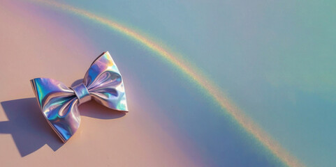 Template for banner, holographic bow and sparkling rainbow trail, empty space for text.