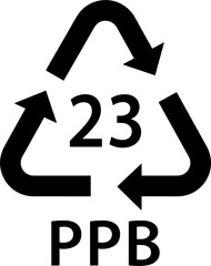 paper recycling code PPB 23, paperboard, book covers, frozen food boxes, greeting cards symbol, ecology recycling sign, identification code, package waste black filled icon