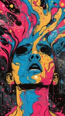 A mesmerizing psychedelic portrait of a person with vibrant liquid colors flowing over the face, set against a dark backdrop, evoking a sense of creative explosion.