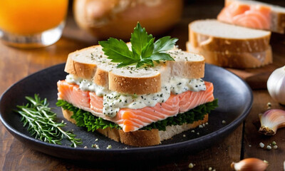 A delicious open-faced sandwich with smoked salmon, cream, and fresh greens on toasted bread, presented on a dark plate and sprinkled with seasoning. - obrazy, fototapety, plakaty