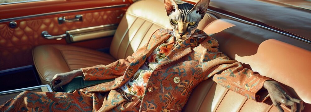 A hairless cat wearing a suit and sunglasses is sitting in a car.