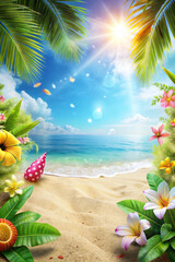 Fototapeta na wymiar Palm leaves frame a sunny beachscape where the ocean meets a clear sky