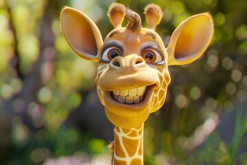 Cute laughing giraffe, in animated 3d cartoon style, with big eyes, smiling, with a happy expression on his face