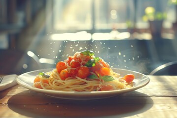 A plate of spaghetti with tomatoes and basil on a wooden table.