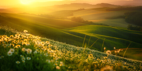 Beautiful landscape mountain sunset with blured greenery daisy meadow