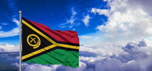 Vanuatu national flag cloth fabric waving on beautiful Blue Sky Background.