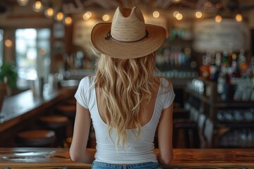 A female figure stands at a wooden bar counter, back to the camera, wearing a straw hat and casual clothing in a cozy bar setting - Powered by Adobe