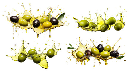Set of delicious olives in splashes of olive oil, cut out - obrazy, fototapety, plakaty
