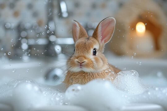 An endearing young bunny surrounded by shimmering soap bubbles, with a soft-focused warm candlelight background