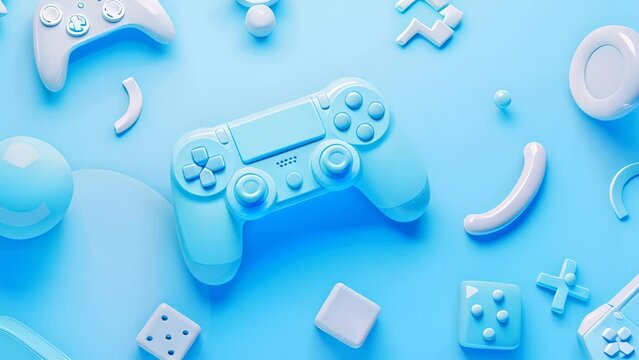 Fun gaming banner, light blue colors. Gaming device on blue background