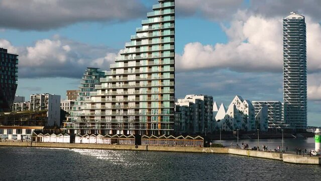 Aarhus , Denmark. Modern residential area in Denmark taken from a cruise ship. Apartment buildings in Aarhus harbor during a beautiful sunny day