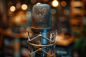 A detailed close-up of a professional studio microphone setup, against a blurred background emphasizing quality and precision