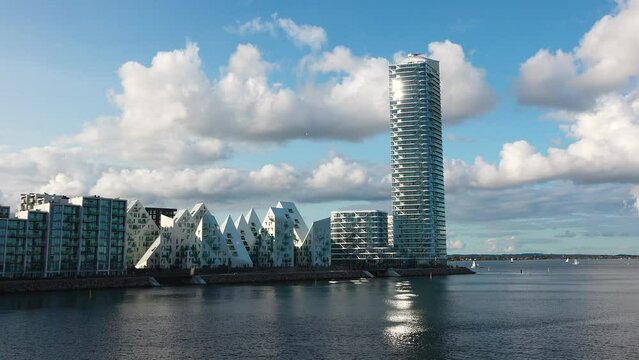 Aarhus , Denmark. Modern residential area in Denmark taken from a cruise ship. Apartment buildings in Aarhus harbor during a beautiful sunny day