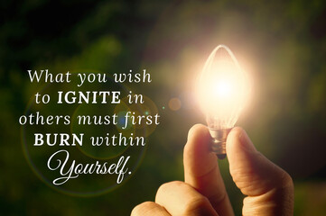 What you wish to ignite in others must first burn within yourself quote with hand holding shining...