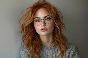 Obraz premium Attractive woman with fiery red curly hair and stylish glasses poses with a modern look