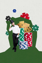 Vertical creative collage picture handsome young gentleman dealer poker cards gambling chips casino...