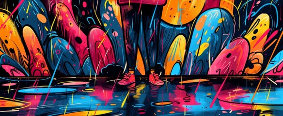 The rainy scene is brought to life by vibrant, colorful graffiti