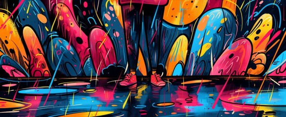 Obraz premium The rainy scene is brought to life by vibrant, colorful graffiti
