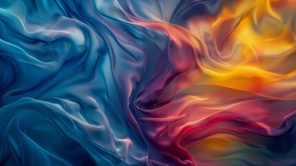 This image captures the ethereal beauty of smooth, flowing colors blending together like silk, with waves of blue, yellow, and red creating a visually soothing texture. - obrazy, fototapety, plakaty