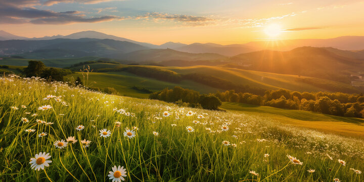 Beautiful landscape montain sunset with greenery daisy valey