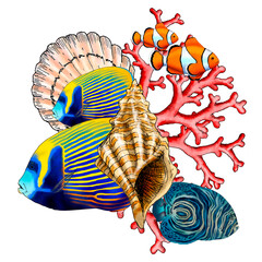 Illustrated composition of marine elements such as fish, shells and corals