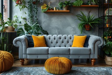 An inviting living room setup with a classic gray tufted sofa adorned with bright yellow accent cushions, surrounded by lush green plants - obrazy, fototapety, plakaty