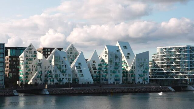 Aarhus , Denmark. Modern residential area in Denmark taken from a cruise ship. Apartment buildings in Aarhus harbor during a beautiful sunny day
