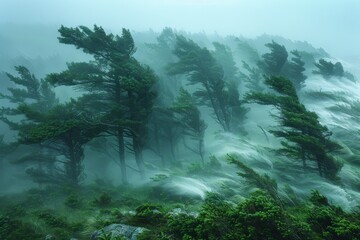 A serene and haunting forest scene where swirling fog weaves through the sturdy trunks and windswept pines, evoking mystery