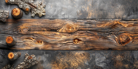 A wooden board with a few branches on it. The board is brown and has a rustic feel - obrazy, fototapety, plakaty