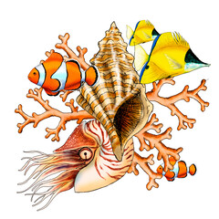 Illustrated composition of marine elements such as fish, shells and corals
