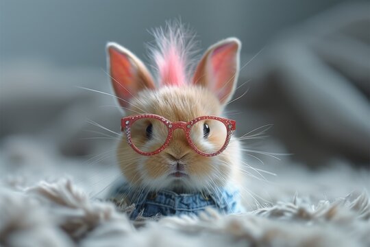 A delightful rabbit donning a tuft of pink hair and red-framed glasses exudes personality and style on a soft background