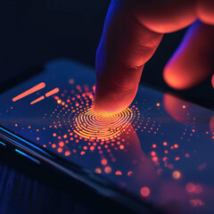 Person’s finger makes contact with a cell phone screen unlocking a smartphone with the touch of fingerprint. Biometric modern fingerprint technology
