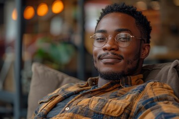 Obraz premium Casually dressed man with glasses and a neat beard lounges comfortably on a couch with a content smile